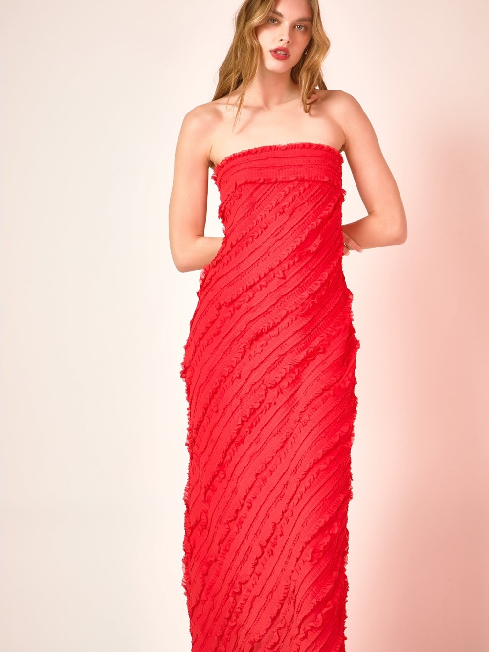 Endless Rose Strapless Ruffle Maxi Dress in Red